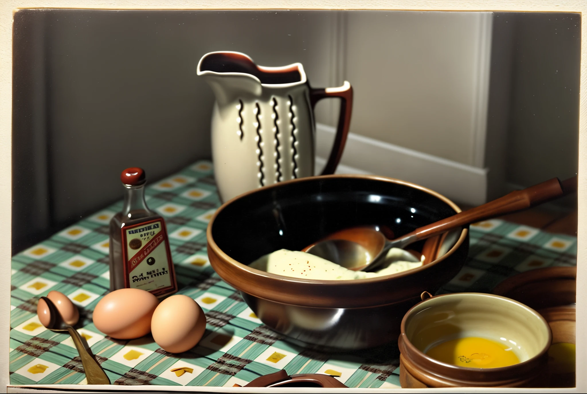 there is a bowl of eggs and a jug of oil on a table, morandi, photographic still, mixed art, 1940s food photography, oil painting of breakfast, paul outerbridge masterpiece, by Giorgio Morandi, inspired by Giorgio Morandi, by Morris Kestelman, photograph, american realist, earth tones and soft color 1976