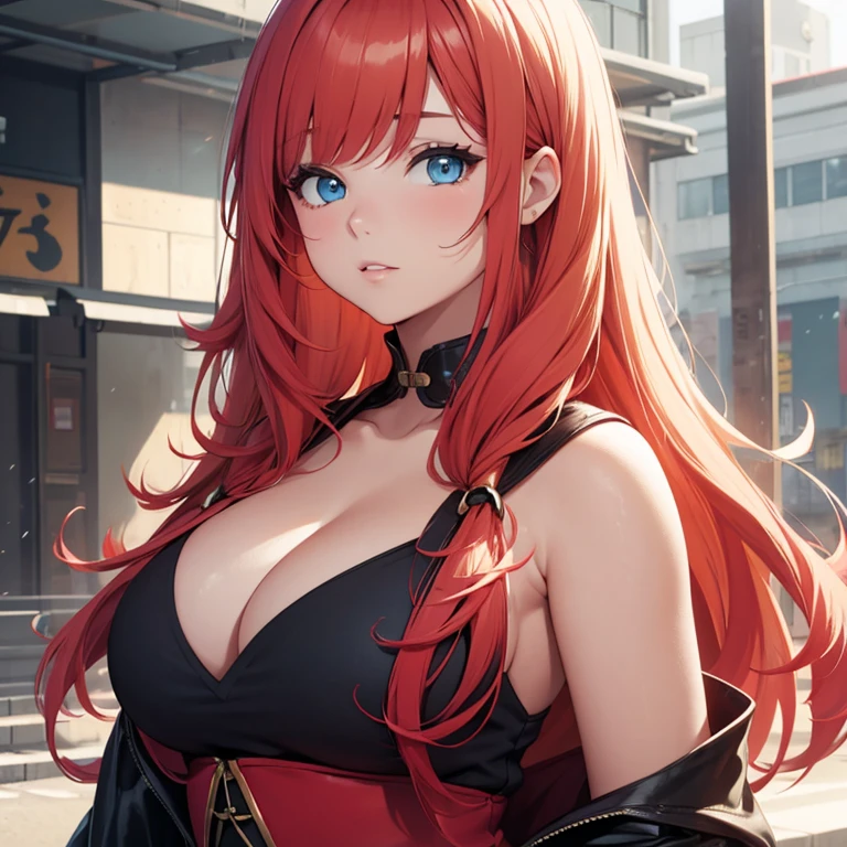 Young female, chubby body, Red hair, blonde hair, shoulder length hair, dual colored hair, blue eyes, beautiful