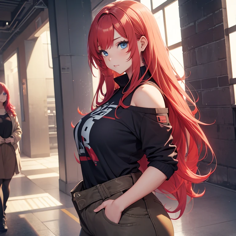 Young female, chubby body, Red hair, blonde hair, shoulder length hair, dual colored hair, blue eyes, beautiful