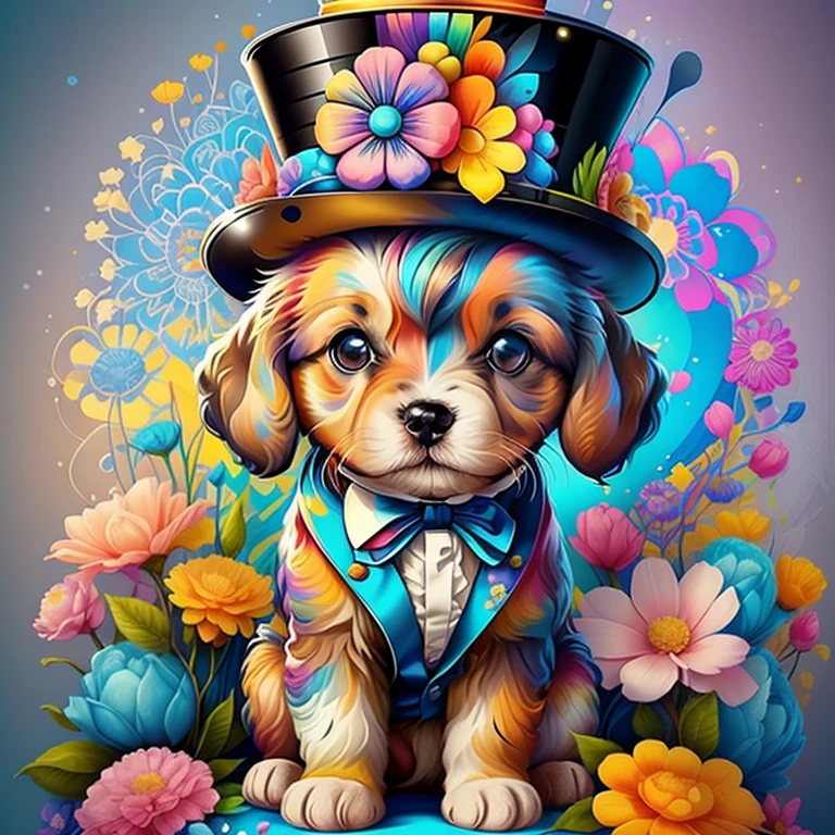 (cute baby puppy with blue top hat with flowers),(melhor pose),(best angle), (better expression), Eduardo Kobra acolchoamento ,multidimensional geometric wall PORTRAIT, arte, Chibi,
Yang08k, lindo, Colouring,
Primary works, qualidade superior, melhor qualidade, Arte Oficial, Beautiful and Aesthetic, pelos coloridos,