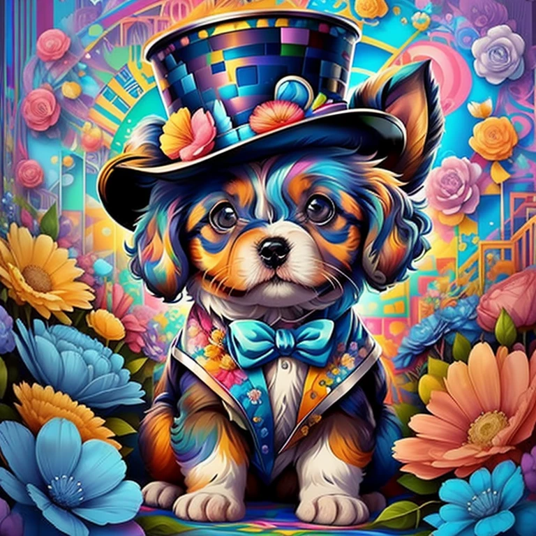 (cute baby puppy with blue top hat with flowers),(melhor pose),(best angle), (better expression), Eduardo Kobra acolchoamento ,multidimensional geometric wall PORTRAIT, arte, Chibi,
Yang08k, lindo, Colouring,
Primary works, qualidade superior, melhor qualidade, Arte Oficial, Beautiful and Aesthetic, pelos coloridos,