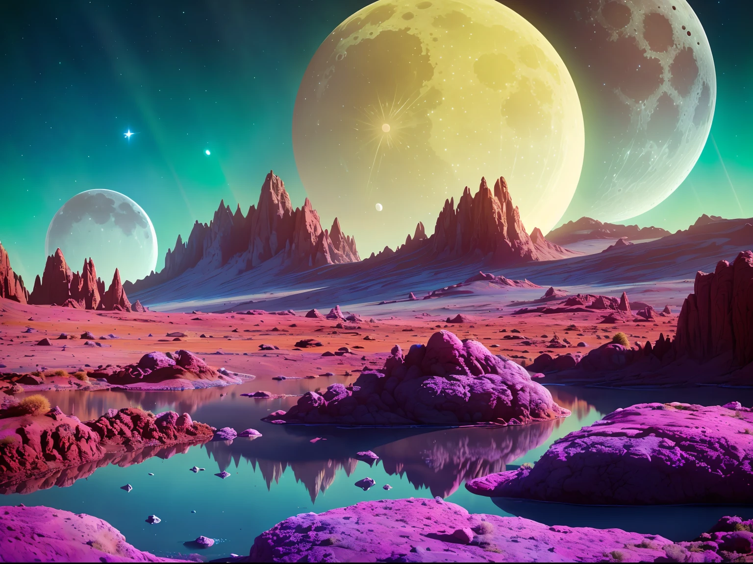 A lush alien landscape on a ringed planet with a moon in the sky, vivid colorful clouds, strange, sci-fi, ray tracing, detailed reflections, Intricate, High Detail, dramatic, best quality masterpiece, photorealistic, detailed, 8k, HDR, backlighting, bloom, light sparkles, chromatic aberration, sharp focus