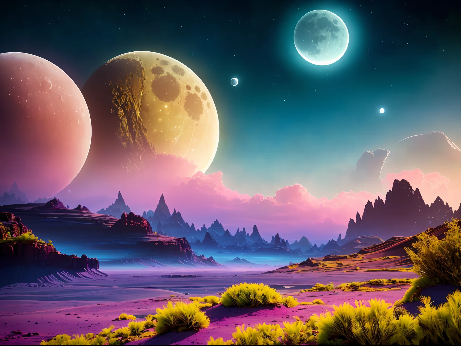 A lush alien landscape on a ringed planet with a moon in the sky, vivid colorful clouds, strange, sci-fi, ray tracing, detailed reflections, Intricate, High Detail, dramatic, best quality masterpiece, photorealistic, detailed, 8k, HDR, backlighting, bloom, light sparkles, chromatic aberration, sharp focus