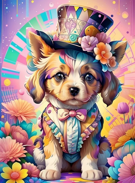 (cute baby puppy with pink top hat with flowers),(melhor pose),(best angle), (better expression), Eduardo Kobra acolchoamento ,multidimensional geometric wall PORTRAIT, arte, Chibi,
Yang08k, lindo, Colouring,
Primary works, qualidade superior, melhor qualidade, Arte Oficial, Beautiful and Aesthetic, pelos coloridos,