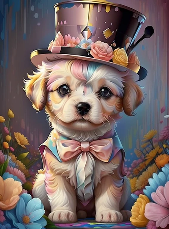(cute baby puppy with pink top hat with flowers),(melhor pose),(best angle), (better expression), Eduardo Kobra acolchoamento ,multidimensional geometric wall PORTRAIT, arte, Chibi,
Yang08k, lindo, Colouring,
Primary works, qualidade superior, melhor qualidade, Arte Oficial, Beautiful and Aesthetic, pelos coloridos,