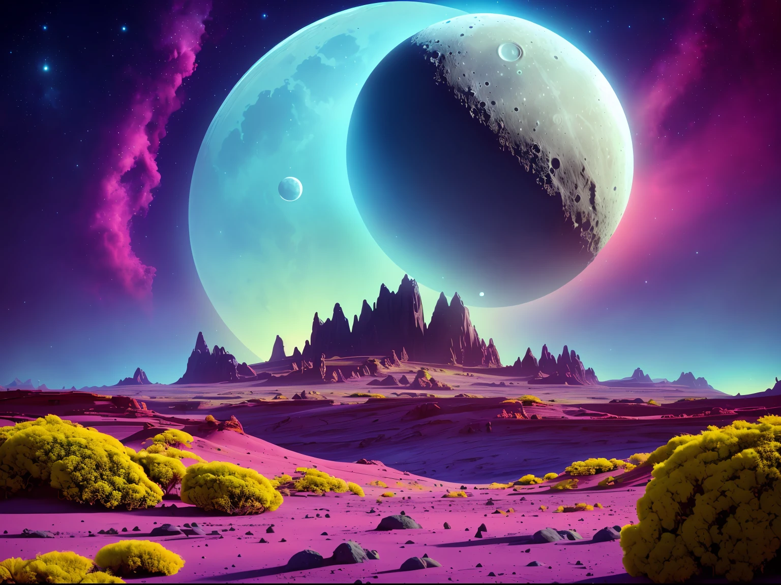 A lush alien landscape on a ringed planet with a moon in the sky, vivid colorful clouds, strange, sci-fi, ray tracing, detailed reflections, Intricate, High Detail, dramatic, best quality masterpiece, photorealistic, detailed, 8k, HDR, backlighting, bloom, light sparkles, chromatic aberration, sharp focus