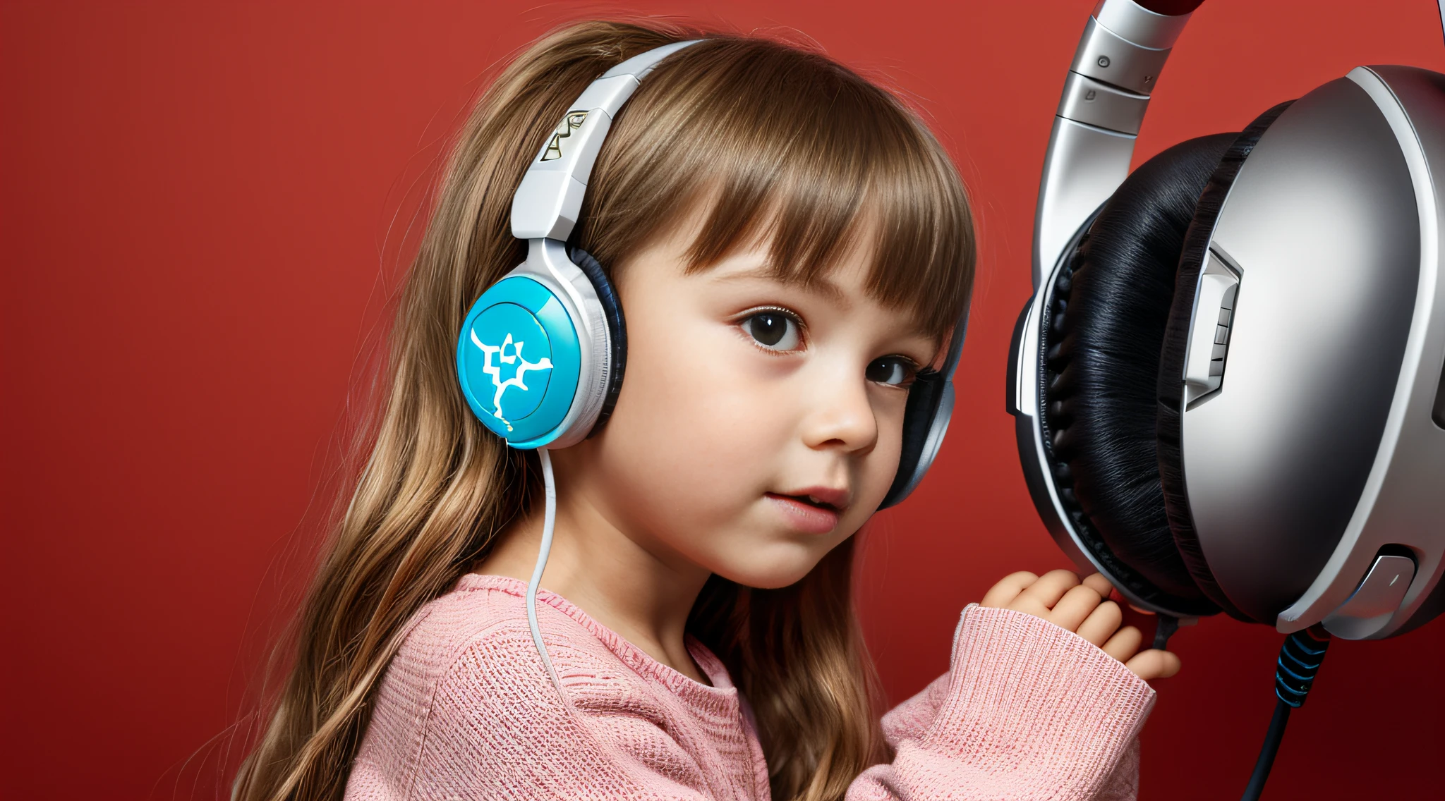 NEON HALO, CHILD GIRL BLONDE LONG HAIR, Headphone, fundo vermelho,