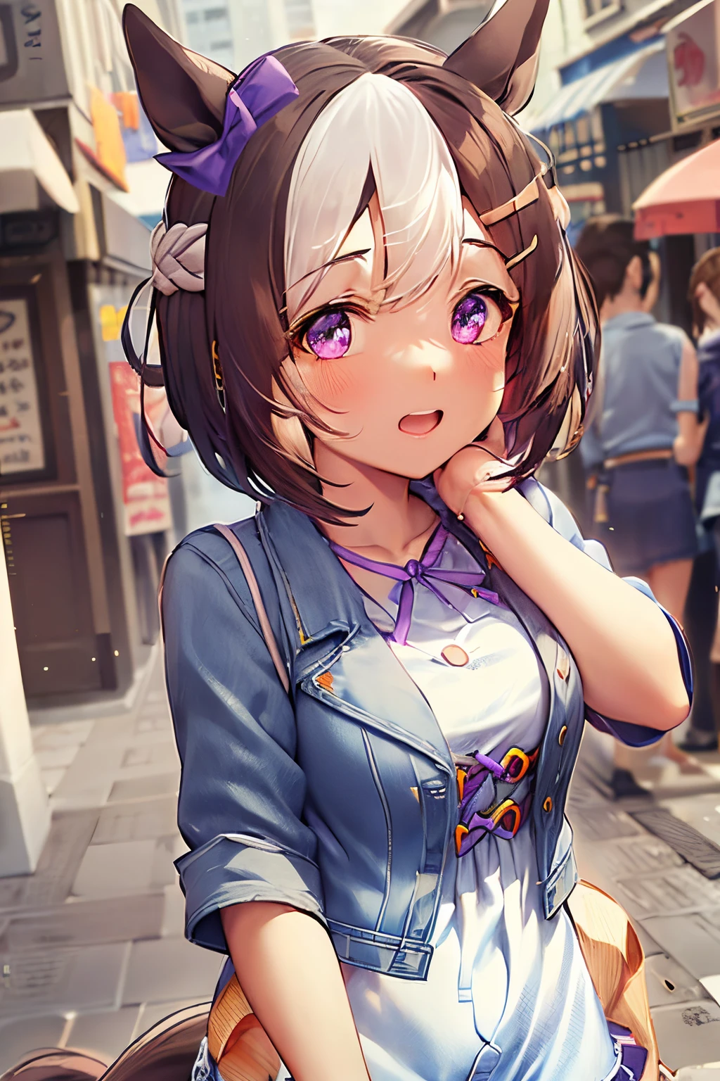 special_week_\(Umamusume)、bow ribbon、bow ribbon、bow ribbon、corsets、Fluffy breasts、nursing、toppless、teats、The upper part of the body、(Refers to the viewer:1.3)、Happiness、(Background in the city:1.3), short-hair, (denim jackets:1.5), (White Dress:1.5), Horse tail