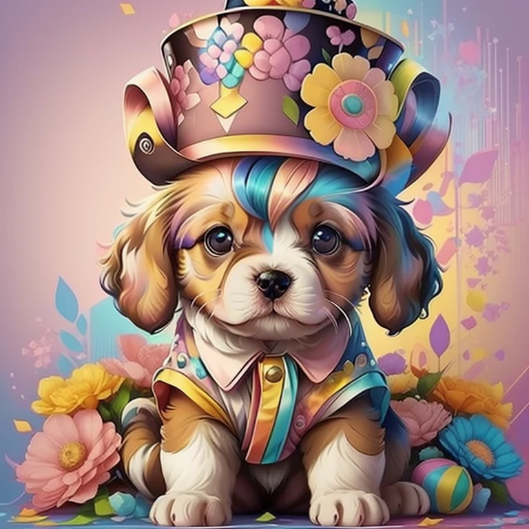 (cute baby puppy with pink top hat with flowers),(melhor pose),(best angle), (better expression), Eduardo Kobra acolchoamento ,multidimensional geometric wall PORTRAIT, arte, Chibi,
Yang08k, lindo, Colouring,
Primary works, qualidade superior, melhor qualidade, Arte Oficial, Beautiful and Aesthetic, pelos coloridos,