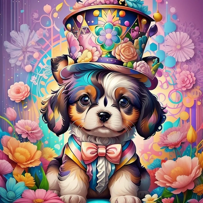 (cute baby puppy with pink top hat with flowers),(melhor pose),(best angle), (better expression), Eduardo Kobra acolchoamento ,multidimensional geometric wall PORTRAIT, arte, Chibi,
Yang08k, lindo, Colouring,
Primary works, qualidade superior, melhor qualidade, Arte Oficial, Beautiful and Aesthetic, pelos coloridos,