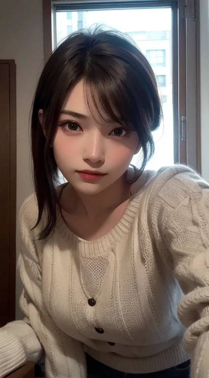 Photorealistic, masutepiece, Best Quality, Raw photo, selfee、1girl in, Solo, Long hair, Brown hair, Detailed face, alluring face, Sweater that kills virgins, medium breasts, Dynamic Pose, Looking at Viewer, From below, Detailed background, fine detailed, intricate detailes, Ray tracing, depth of fields, lowkey, nffsw