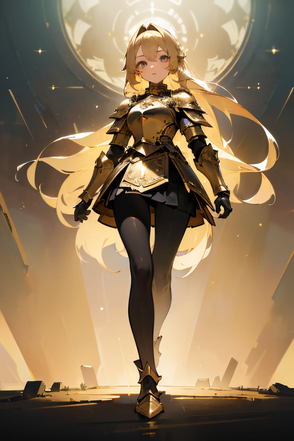 (((masterpiece))), (((best quality))), ((ultra-detailed)), (cinematic lighting), (illustration), (beautiful detailed eyes), (1girl), full body, space, knight, armour, light hair, skirt, walking, ruins, best quality, expressive eyes, perfect face, Girl: (blonde hair, long hair, wearing skirt, black pantyhose, white and gold armour),
