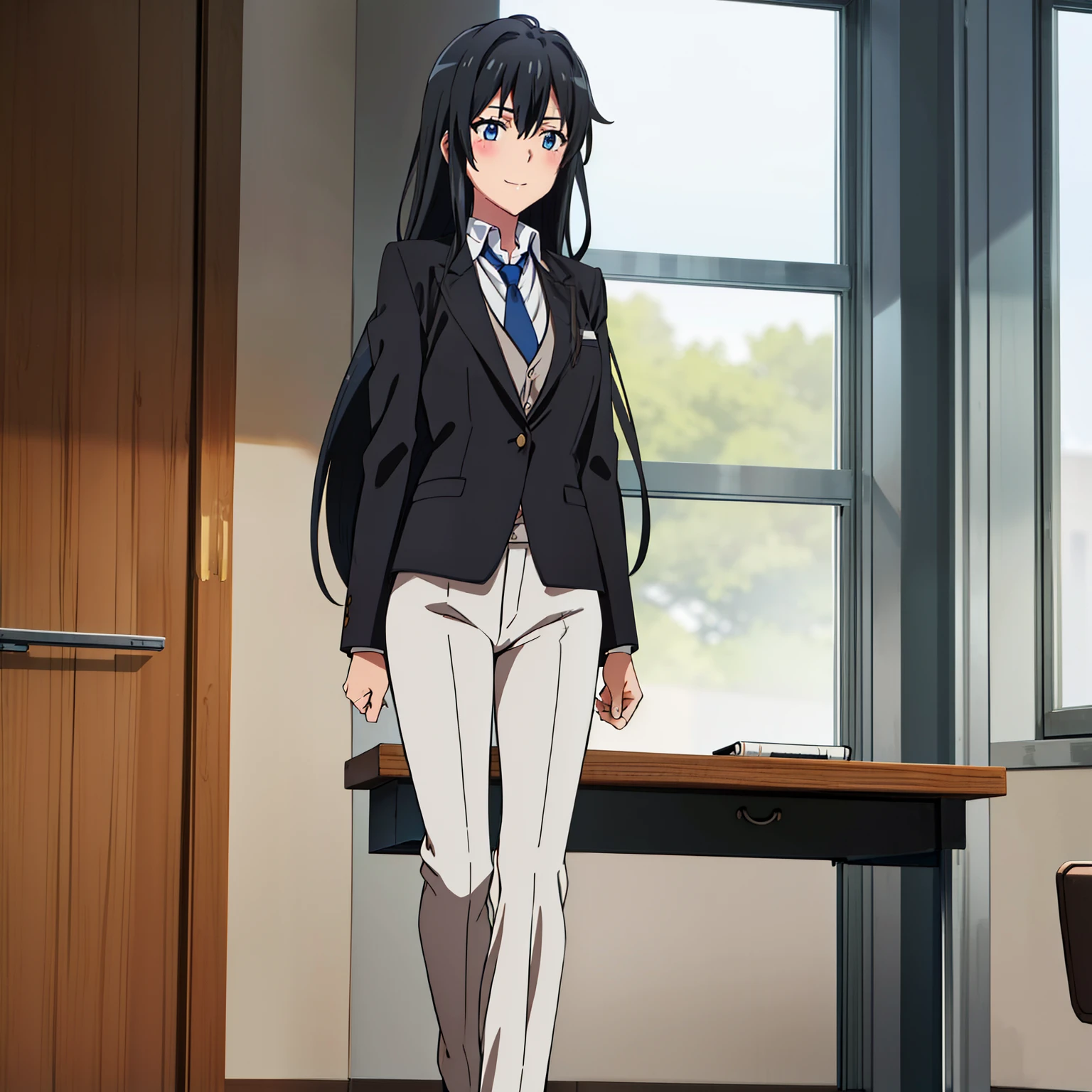 1GIRL , Yukinoshita yukino , Yukinoshita yukino,woman in formal attireactive suit tuxedo tailcoat standing in a large alcove in the room, 1girl, solo, necktie, black hair, blue eyes, long hair, smile, jacket, looking at viewer, shirt, pants, blue necktie, collared shirt, white pants, white shirt, indoors, bangs, long sleeves, closed mouth, window, black jacket, blush, cowboy shot, formal, suit, full body