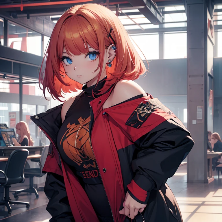 Young female, chubby body, Red hair with blonde underneath in a shoulder length bob, dual colored hair, blue eyes, beautiful, piercings, goblincore clothes