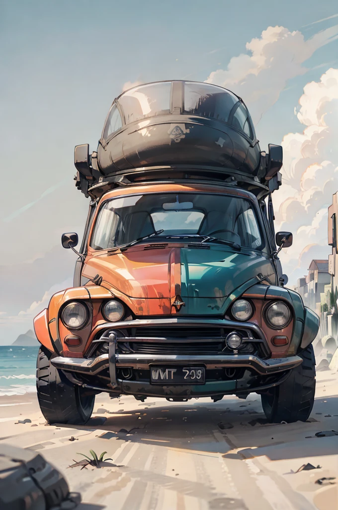 T-shirt design graphic art, Flat design of a retro vintage, Praia, tons coloridos, limpeza altamente detalhada, imagem vetorial, obra-prima fotorrealista, fotografia profissional, carro realista, Simple setting from sunrise to beach, fundo branco plano