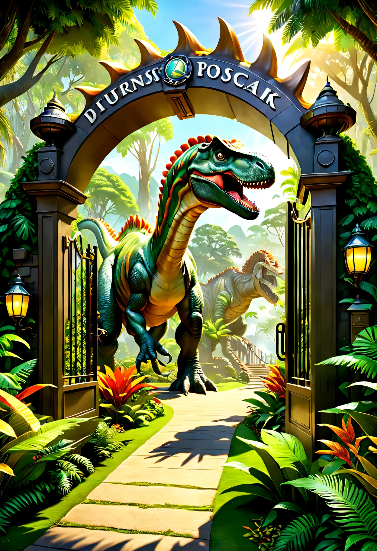 "(Best quality,ultra - detailed,actual:1.37),Dinosaur theme park entrance,impressive door,Towering gates,Detailed dinosaur carving,Realistic dinosaur sculptures,A Tyrannosaurus rex statue guards the entrance,Open your mouth to welcome visitors,Dense vegetation surrounds the entrance,The scenery in the background is mesmerizing,Vibrant and lush greenery,An ancient tree with long branches and wide leaves,Soft sunlight filtering through the trees,Casts beautiful shadows on the ground,Illustrations drawn by professional concept artists,Photorealistic rendering,majestic man,A majestic,Detailed texture of door,Metallic luster that reflects sunlight,Life-size dinosaur footprints leading to the entrance,Enhance sense of adventure,prehistoric atmosphere,The road leading to the gate is well maintained,Floral decorations and colorful plants lining the road,Prominent signage with park name and logo,Attractive colors and artistic design,Perimeter fence with wires,Stay safe,Tourists excitedly waiting to enter,Happy family and curious children,Tourists take unforgettable photos at the entrance,Visitors are in awe of the grandeur and scale of the entrance,The sounds of nature and the distant roar of dinosaurs create an inviting atmosphere,Create an immersive experience for visitors,Welcome to Jurassic Park!"