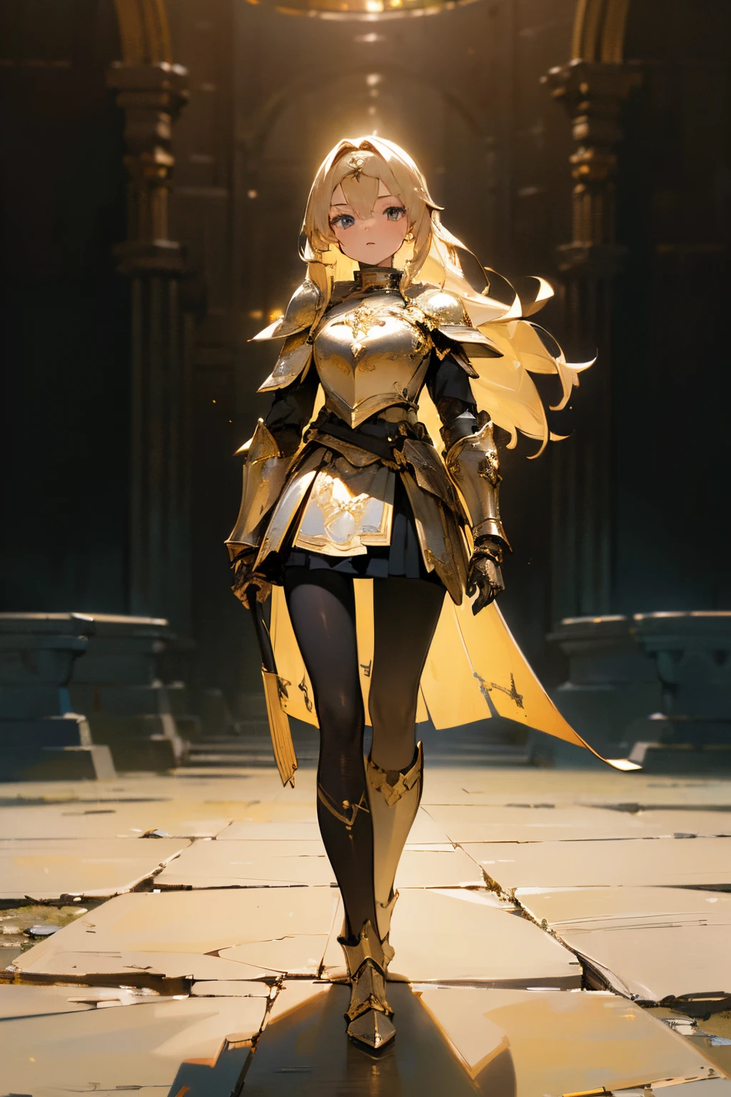 (((masterpiece))), (((best quality))), ((ultra-detailed)), (cinematic lighting), (illustration), (beautiful detailed eyes), (1girl), full body, space, knight, armour, light hair, skirt, walking, ruins, best quality, expressive eyes, perfect face, Girl: (blonde hair, long hair, wearing skirt, black pantyhose, white and gold armour),