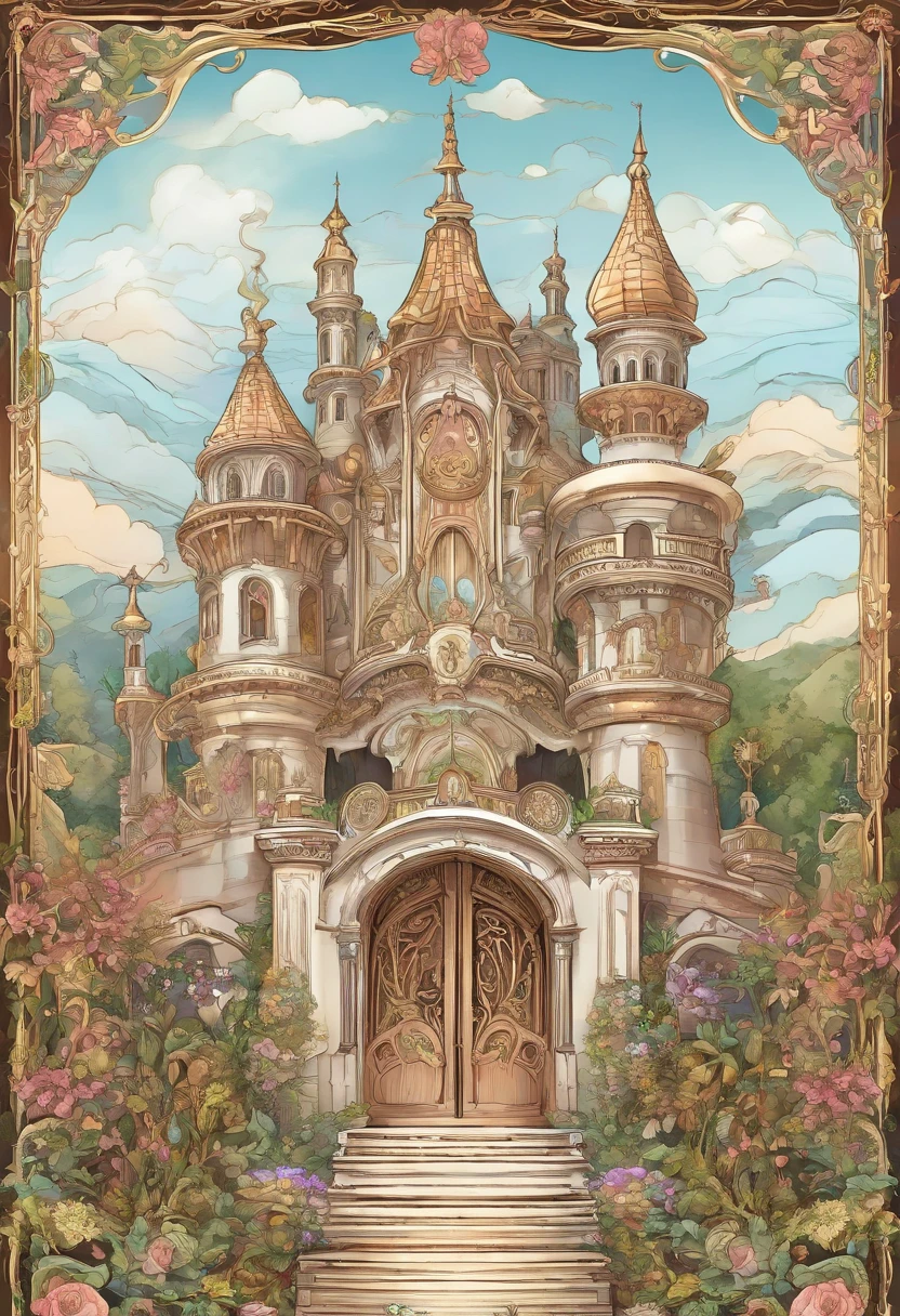 beautiful fantasy castle front view, ornate backdrop, dreamy and detailed, baroque style painting backdrop, inspired by Zsuzsa Máthé, ornate and intricate backdrop, ornate floral, ornate borders + concept art, ornate, ornate border frame, whimsical!! intricate details, ornate background, ornate detailed background, intricate border, ornate border, no human