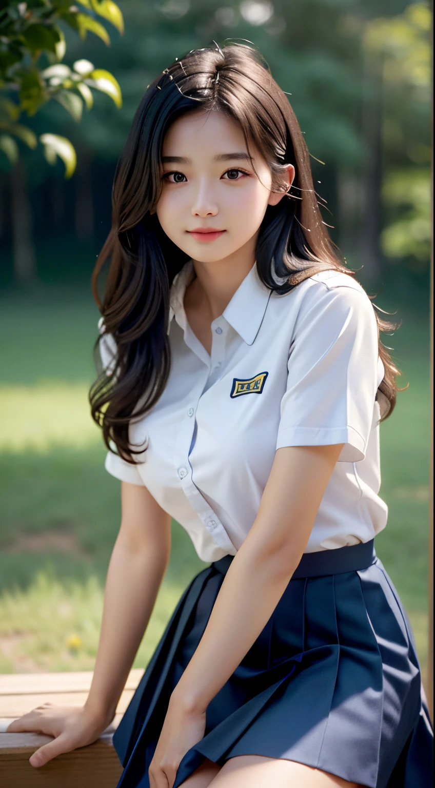 (cowboy shot), (muste piece), (best quality:1.0), (ultra high resolution:1.0), (detailed face, detailed skin, ray trace, Subsurface scattering:1.1), shy smile,
(1 girl, 24 years old:1.2), ACJC, Uniform tie, Short sleeve white shirt, Blue pleated skirt,
School crest on uniform shirt,
(schoolyard:1.1), 8K,8K UHD,digital single lens reflex,Nikon Z9, soft lighting,high quality,film grain,((cinematic look)),soothing tones,insane details,elaborate details,hyper details, epic Reality, realism, elaborate details, Super detailed, ultra high resolution, depth field, photoReality,Reality:1.2),best quality, Reality, photoReality, (elaborate details:1.2), (delicate detailed), (cinematic light), clear line, Tits sharp focus, Reality face, detailed face, unity 8k wallpaper, ultra high resolution, (photoReality:1.4)