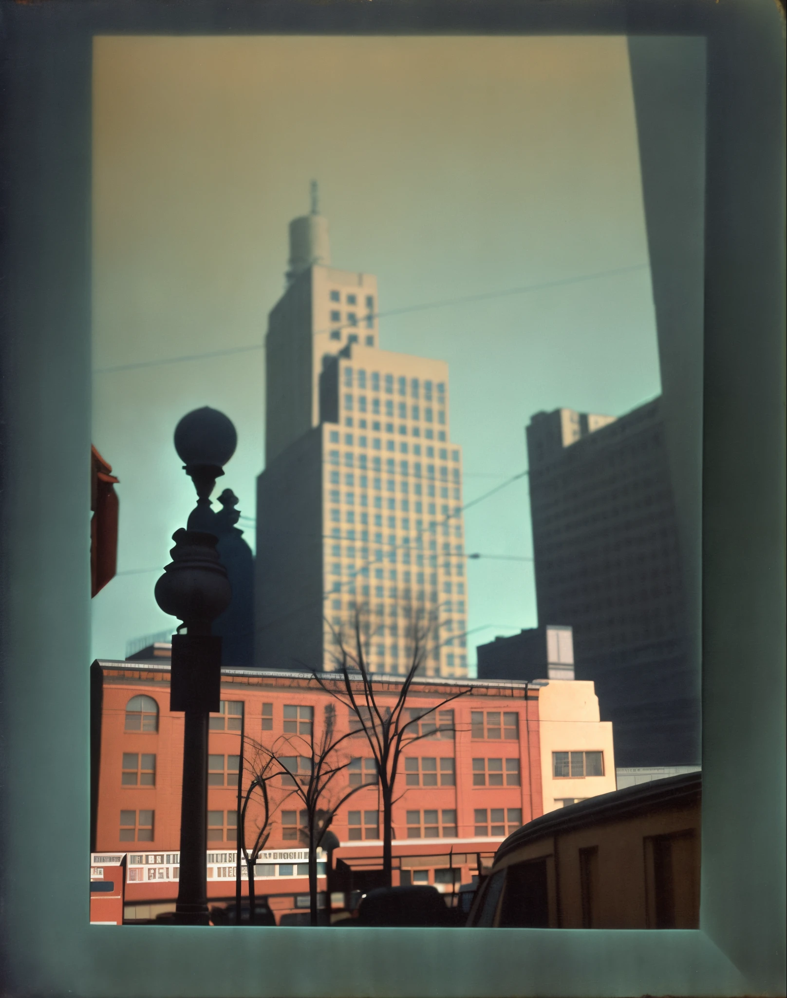 there is a apartment building in the middle of a city street, street scene with water tower, low aperture street level, ektachrome color photograph, photo taken with ektachrome, cinestill 800t eastmancolor, kodak kodachrome 400, city streetscape, inspired by Richard Estes, ralph goings, streetscape