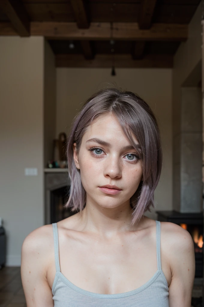 photography of a 20yo woman, perfect face, masterpiece, light purple hair, hair roots slightly faded, russian, light blue eyes, light freckles, no makeup, very skinny, marked cheekbones, makeup smeared from crying, in a room with a fireplace, chilling, in pajamas, full body photo