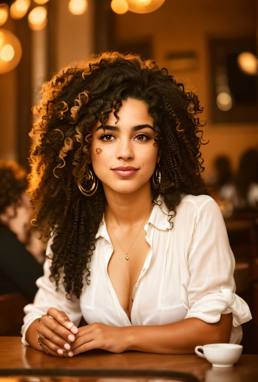 arafed woman with curly hair sitting at a table in a restaurant, photo of a beautiful woman, gorgeous woman, gorgeous beautiful woman, curly haired, cute woman, beautiful woman, mixed-race woman, beautiful young woman, mixed race woman, a beautiful young woman, curly middle part haircut, long dark curly hair, curly dark hair, gorgeous lady