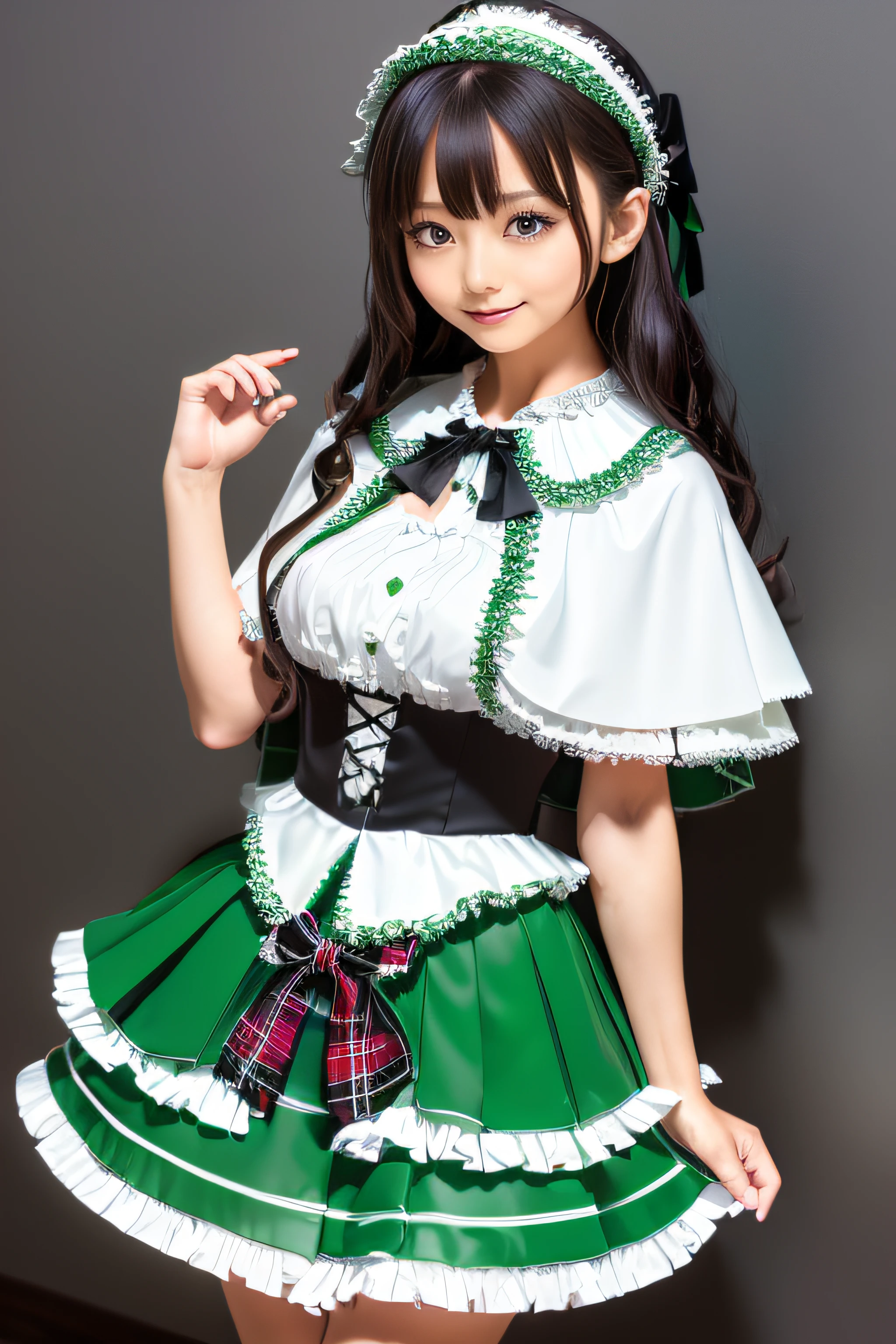 ((Gothic lolita, idol costume):1.3), (Green and white theme:1.2), (White blouse:1.4), ((White collar, tie):1.3), (Open Short Cape:1.3), (Short sleeve:1.2), (Green tartan plaid (frills skirt, Multi-layer skirt):1.4), (White Basque beret with ribbon:1.3), (Fishnet stockings:1.3), (hand armor:1.2), bangss、s lips、without makeup、short eyelashes、watching at viewers、A smile、Photorealsitic、high-level image quality、masutepiece, Best Quality, 8K, Beautie、Fine details