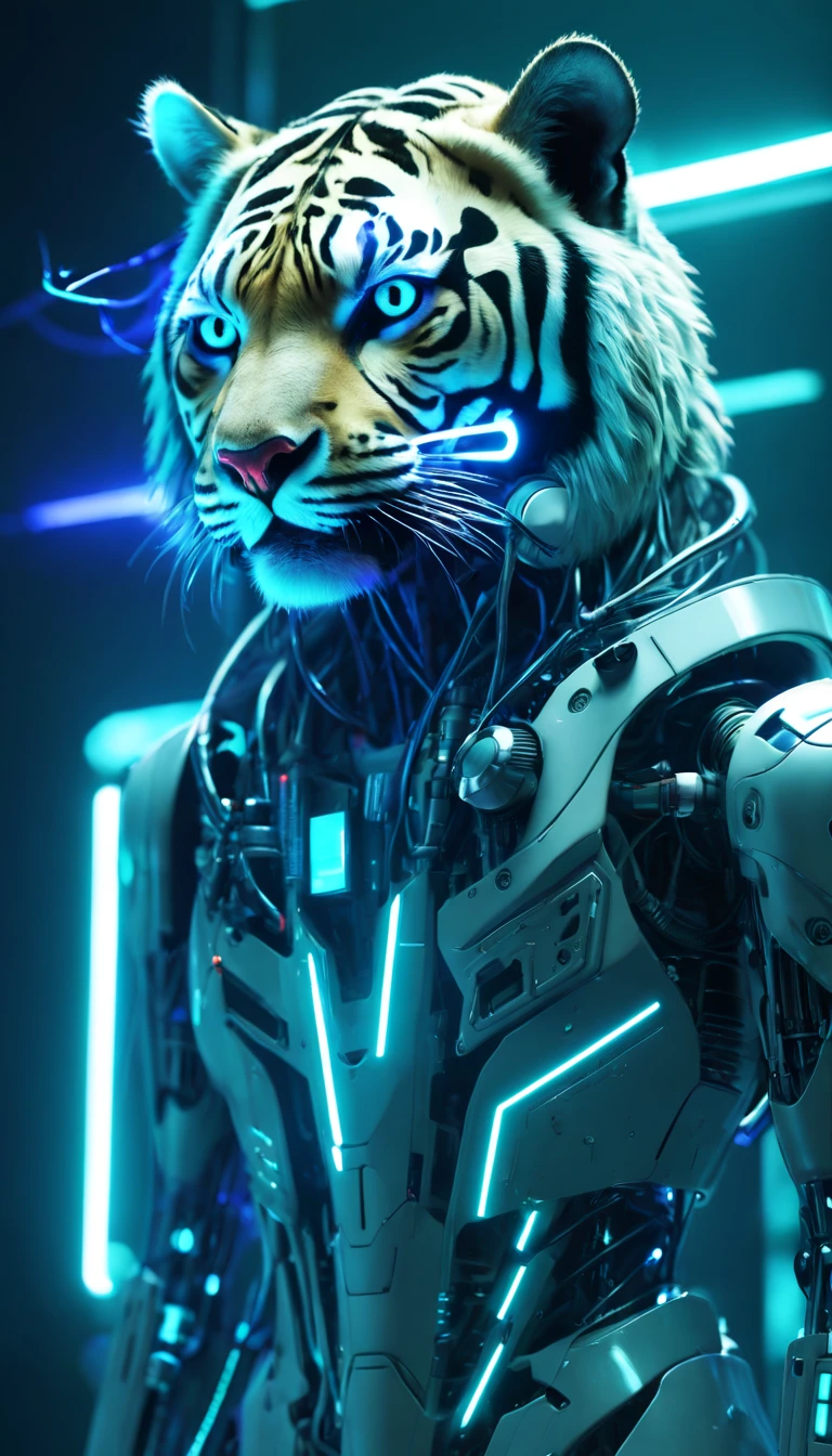 (Meilleure qualité,4K,8k,Structures de grande hauteur,tmasterpiece:1.2),Hyper-détail,(Réaliste,photoréaliste,photoréaliste:1.37),Perssonage cyberpunk,Hybride tigre blanc-humain,Néon,ambiance sombre et rude,implants lumineux,mode de science-fiction,surface réfléchissante,Fortes pluies et brouillard,Parties du corps fortement modifiées,Palette de couleurs bleu électrique et vert fluo、Cybernétiquement amélioré、Fusion harmonieuse des caractéristiques humaines et animales,Une stature remarquable et une agilité féline,Étincelles volantes,Progrès technologique,Déformation et marquage impressionnants,Tuba et masque à oxygène,Syndicat du crime'le laboratoire souterrain secret,Contraste entre éléments naturels et artificiels,Les implants technologiques s'intègrent parfaitement au corps,griffes et dents acérées,Accents métalliques et chromés,Structures corrodées et rouillées,Affichage numérique défectueux,Sentiment persistant de danger et de malaise。