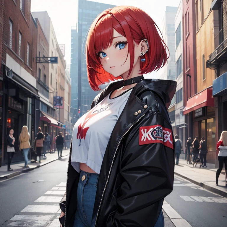 Young female, chubby body, Red hair with blonde underneath in a shoulder length bob, dual colored hair, blue eyes, beautiful, piercings, street style clothes