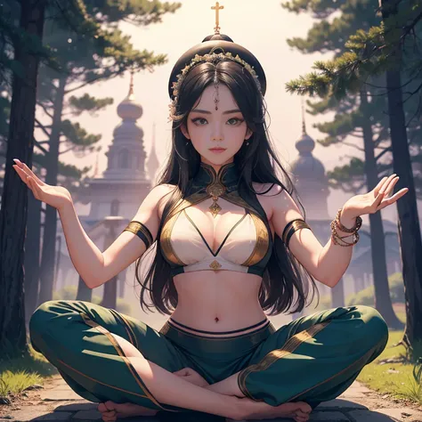 religious style, 1girl one solo fullbody in classic lotus pose, yoga exercizes in the park trees grass, epic symmetrical composi...