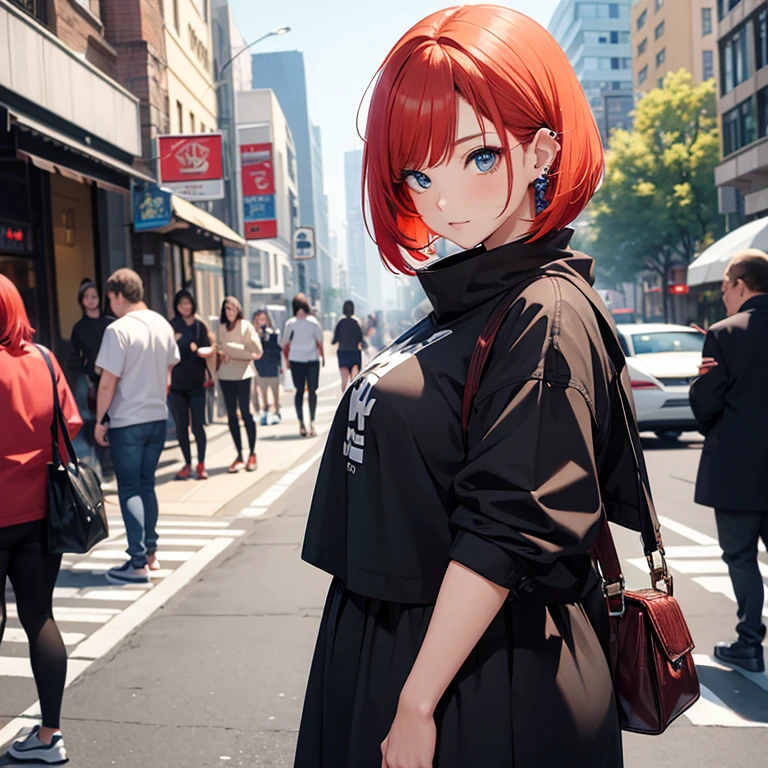 Young female, chubby body, Red hair with blonde underneath in a shoulder length bob, dual colored hair, blue eyes, beautiful, piercings, street style clothes