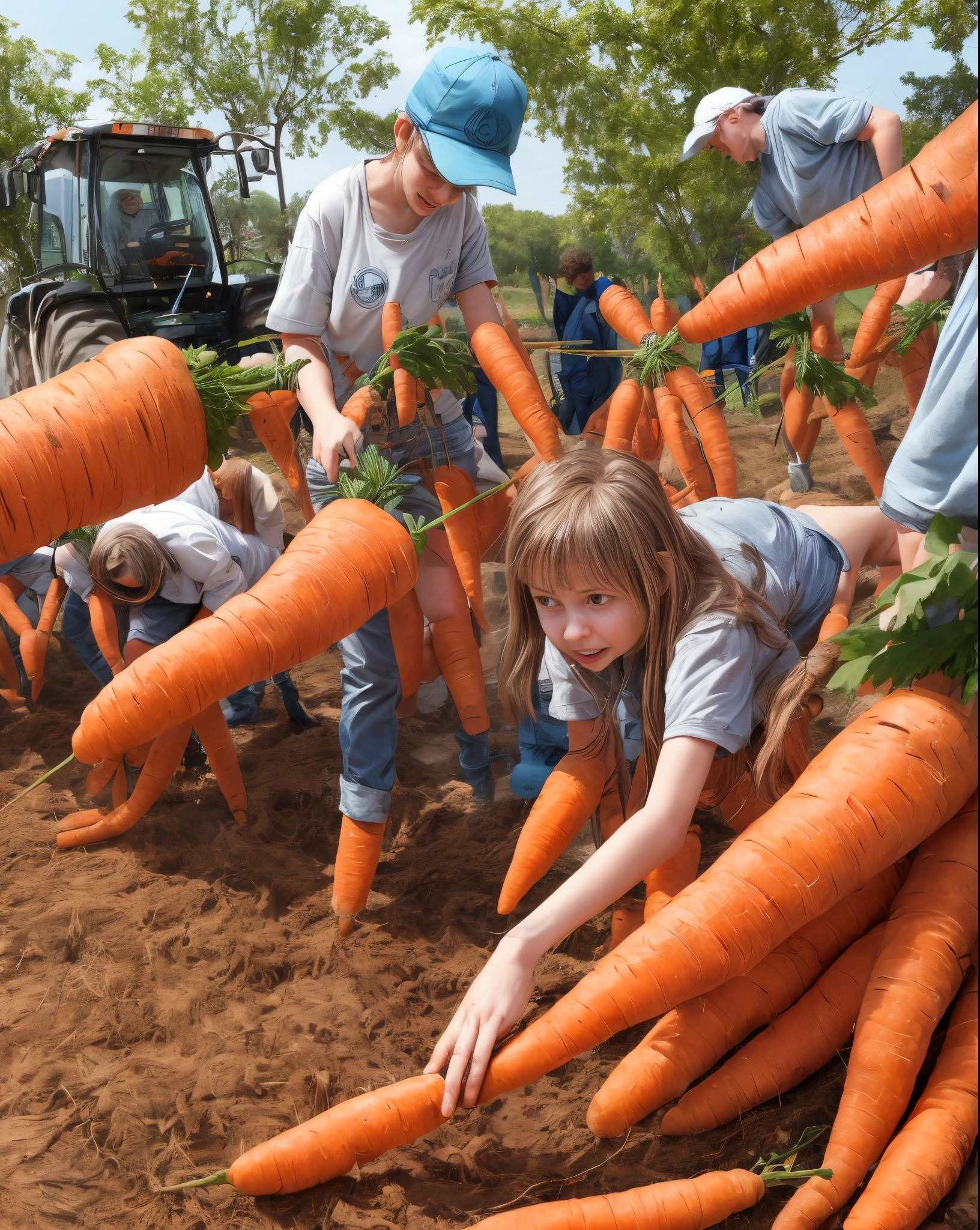 A cute carrot harvesting a large felid of terrified humans that are in the ground like carrots on a sunny day at a farm