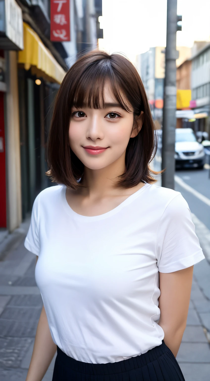 (8K、Raw photography、top-quality、masuter piece:1.2)、ultra-detailliert、ultra res、(realisitic、rialistic photo:1.37)、portlate、high-definition RAW color photography、Professional Photography、highly detailed and beautiful、ighly detailed、8K Picture Wallpaper、amazing detailed、huge filesize、Official art、Highly detailed CG Unity 8K wallpapers、highly detailed beautiful girl、extra detailed face、extremely detailed eye、highlydetailed skin、extremely detailed fingers、highly detailed nose、very detailed detailed mouth、Perfect Anatomy、highly detailed back ground、Highly detailed clothing、女の子 1 人、(18:1.2)、、Cutel s、famous Japan idol、cute little、Realistic body、小柄、de pele branca、glistning skin、Slim body、Handsome body、brown haired、short constricted curly hair、(Blunt bangs:1.2)、A smile、kawaii、zora々Right、kawaii faces、Lifelike face、Delicat eyes、Sauce order、White T-shirt、skirt by the、耳Nipple Ring、Looking at the camera、cowboy shot、front facing、Standing、Contrapo, high street, public, 动态照明,short-hair、bobhair、shorth hair