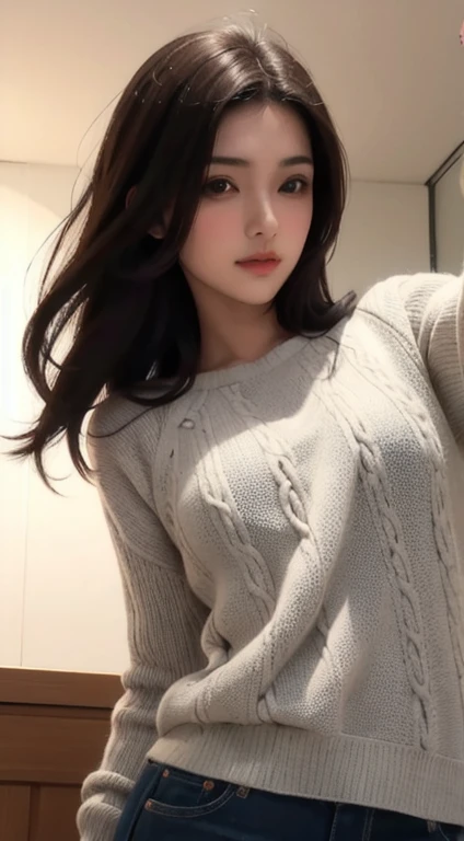 Photorealistic, masutepiece, Best Quality, Raw photo, selfee、1girl in, Solo, Long hair, Brown hair, Detailed face, alluring face, Sweater that kills virgins, medium breasts, Dynamic Pose, Looking at Viewer, From below, Detailed background, fine detailed, intricate detailes, Ray tracing, depth of fields, lowkey, nffsw