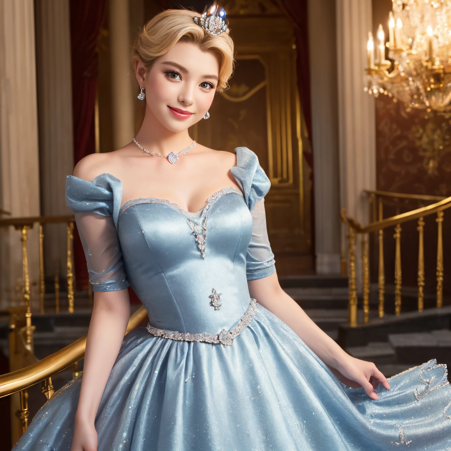(top-quality、masutepiece、8K、Top image quality))、(1 photo:1.3)、one princess cinderella、(The upper body of Princess Cinderella is depicted。:2)、Pregnancy、The most luxurious giant tiara、the most luxurious giant necklace、The finest dress with plenty of jewels、Complete reproduction of the classic Cinderella worldview、The most luxurious princess dresses、Inside medieval germany'most luxurious castle、go down the big stairs、Detailed and intricate castle interior、Detailed and detailed depiction、Upper body photo、Look at me and smile、accurate anatomy、(Accurate costumes:1.2)