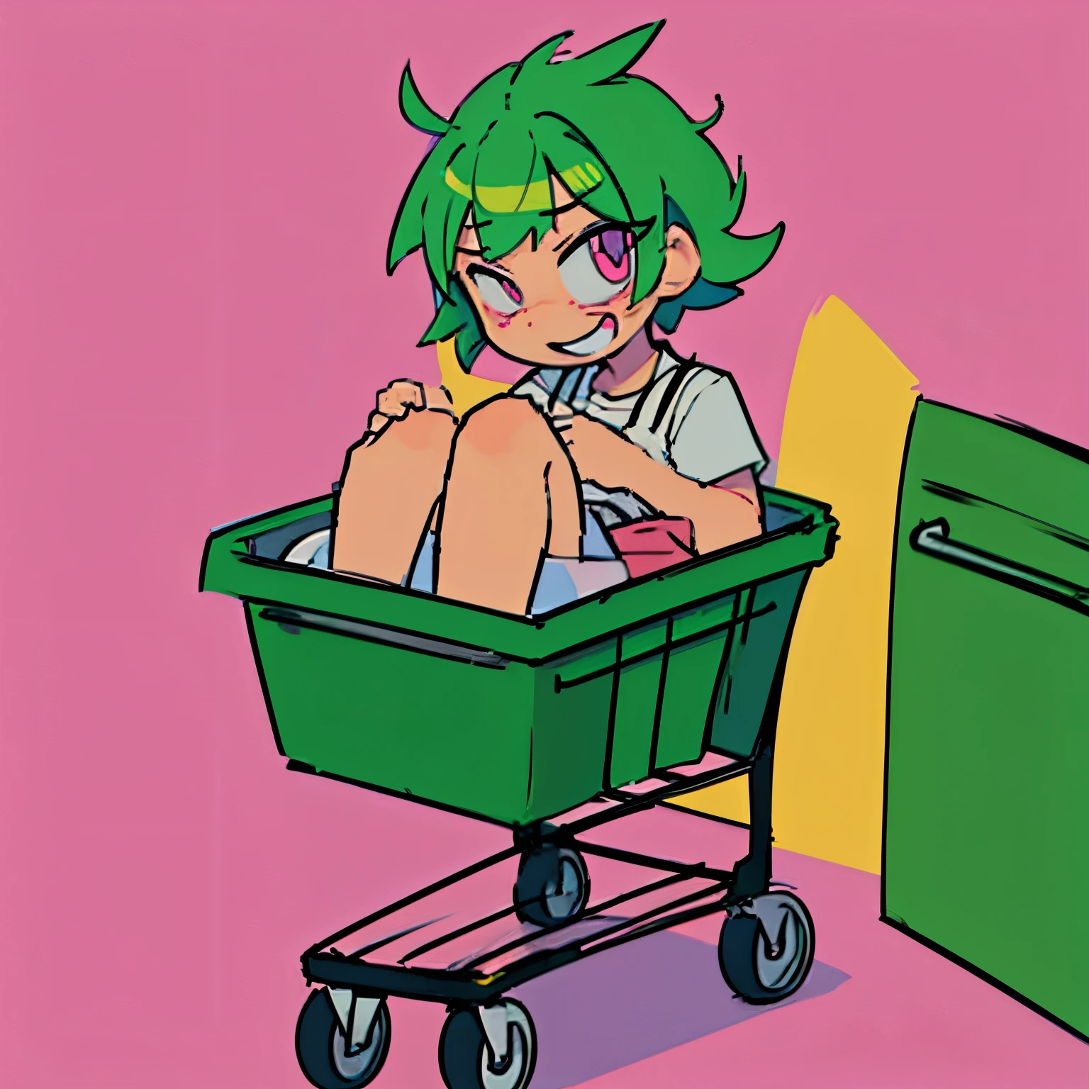 anime female short green hair and pink eyes pushing a supermarket cart downhill full burst laugh laughing very no background