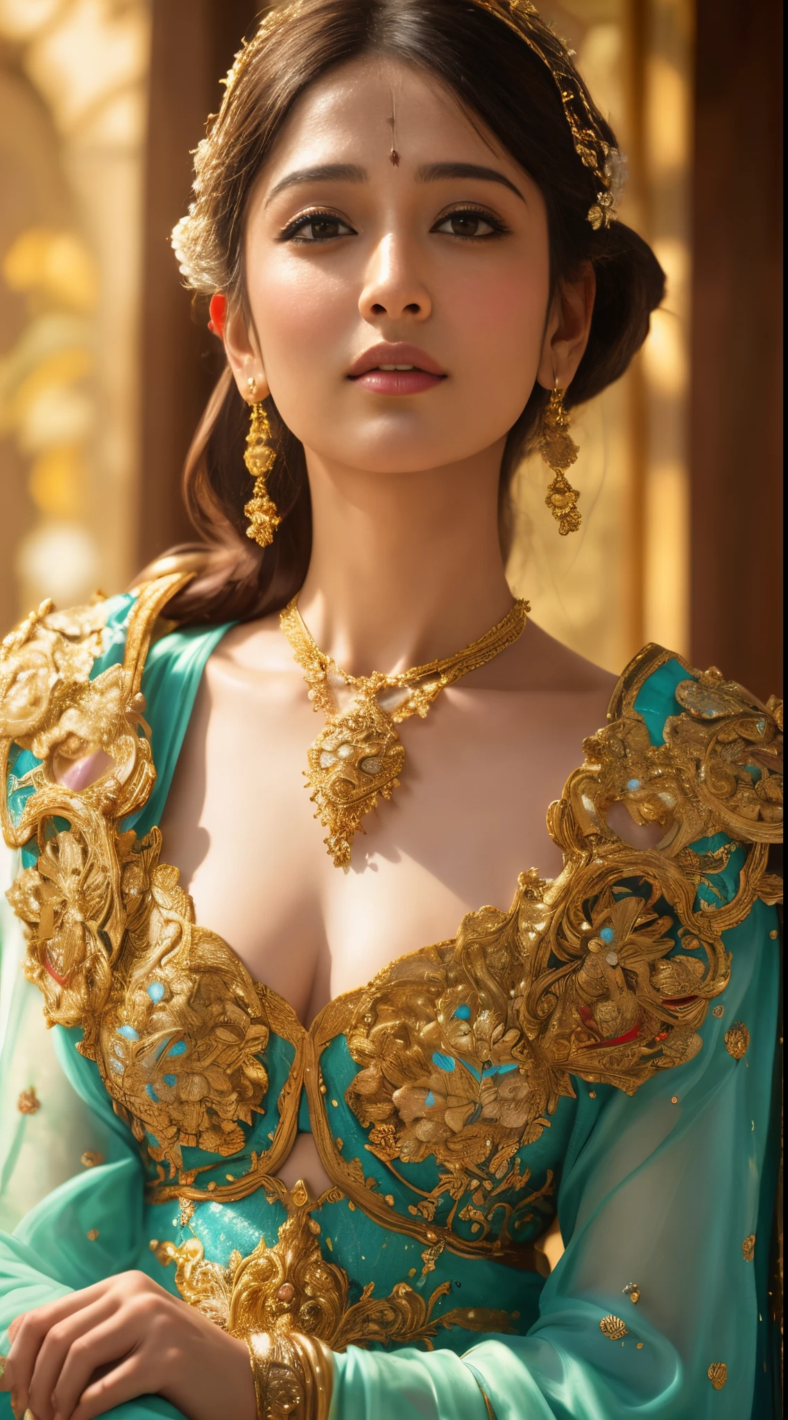 Face mix of Anushka Shetty and Nayanthara, a masterpiece ultrarealistic ultradetailed portrait of a beautiful girl in incredible goledn armor. baroque renaissance. in forest. medium shot, intricate, elegant, highly detailed. trending on artstation, digital art, by stanley artgerm lau, wlop, rossdraws, james jean, andrei riabovitchev, marc simonetti, yoshitaka amano. background by james jean and gustav klimt, light by julie bell, 4 k, porcelain skin.