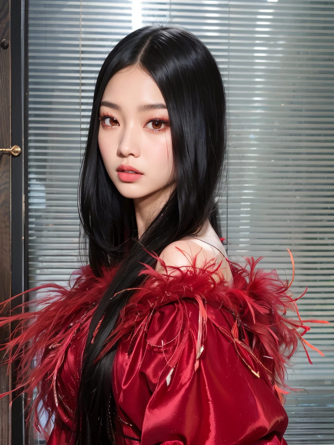Arafed Asian woman with long black hair and red feather dress., Blackpink Jennie, Retrato de Jossi de Blackpink, Parque Roseanne de Blackpink, Gongbi, Xision Wu, Jossi de Blackpink, Lalisa Manobal, Jaeyeon Nam, Jinyoung Shin, Sui Ishida con cabello ?????, asian features, Lalisa Manoban de Blackpink