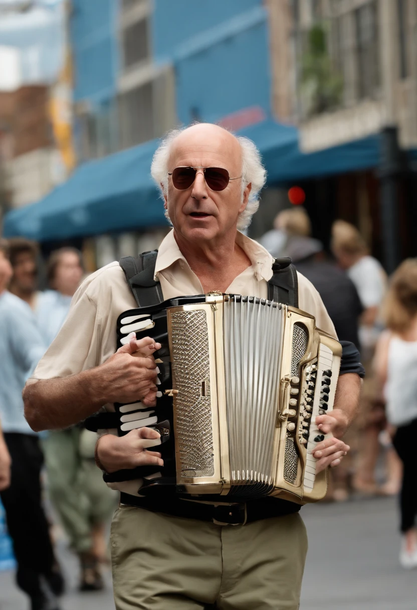 A photo of Larry glaring at a street performer playing the accordion on the sidewalk.,Curb Your Enthusiasm,Larry David, the character from “Curb Your Enthusiasm,” mirrors his real-life counterpart with a casual, often disheveled appearance, typically seen in khaki pants, a loose-fitting shirt, and sneakers. He is balding, with a rim of curly hair, and he carries a bemused expression that often shifts into one of exasperation or incredulity, male