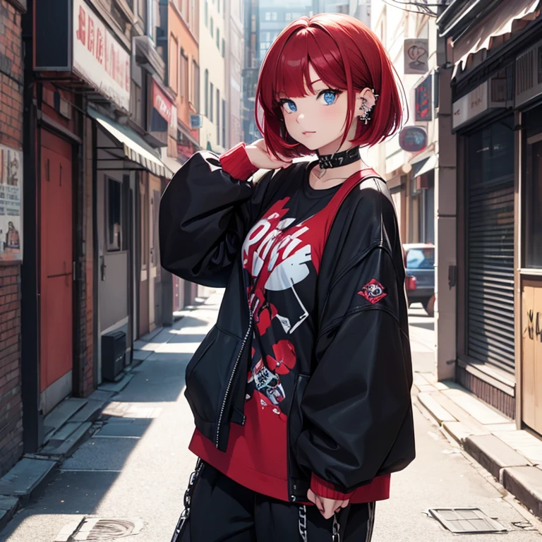 Young female, chubby body, Red hair in a shoulder length bob, blue eyes, beautiful, piercings, street punk style clothes