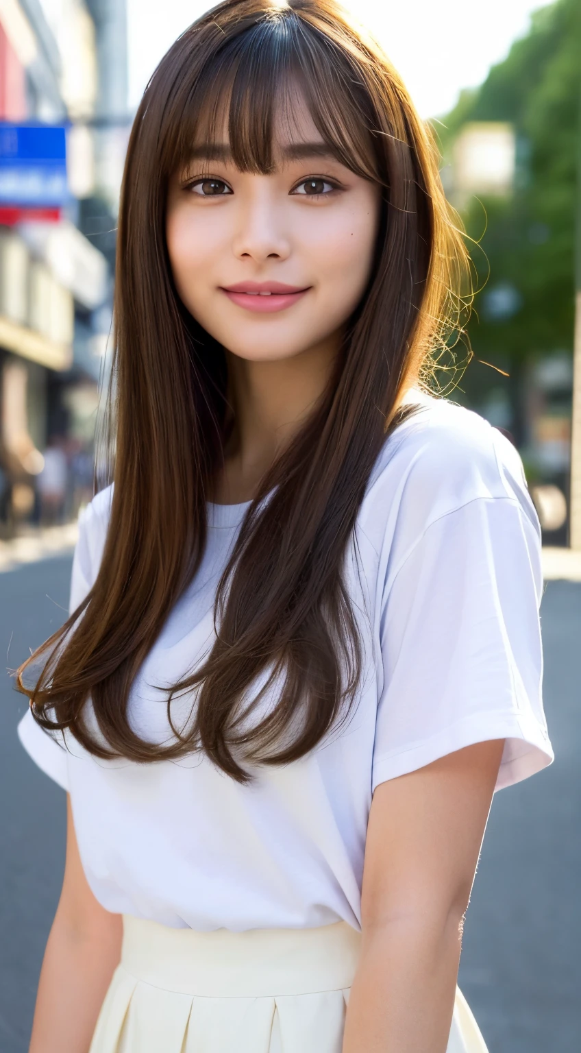 (8K、Raw photography、top-quality、masuter piece:1.2)、ultra-detailliert、ultra res、(realisitic、rialistic photo:1.37)、portlate、high-definition RAW color photography、Professional Photography、highly detailed and beautiful、ighly detailed、8K Picture Wallpaper、amazing detailed、huge filesize、Official art、Highly detailed CG Unity 8K wallpapers、highly detailed beautiful girl、extra detailed face、extremely detailed eye、highlydetailed skin、extremely detailed fingers、highly detailed nose、very detailed detailed mouth、Perfect Anatomy、highly detailed back ground、Highly detailed clothing、女の子 1 人、(18:1.2)、Teen、Cute little girl s、famous Japan idol、cute little、Realistic body、小柄、de pele branca、glistning skin、Slim body、Handsome body、brown haired、short constricted curly hair、(Blunt bangs:1.2)、A smile、kawaii、zora々Right、kawaii faces、Lifelike face、Delicat eyes、Sauce order、White T-shirt、skirt by the、耳Nipple Ring、Looking at the camera、cowboy shot、front facing、Standing、Contrapo, high street, public, 动态照明,short-hair、bobhair、shorth hair
