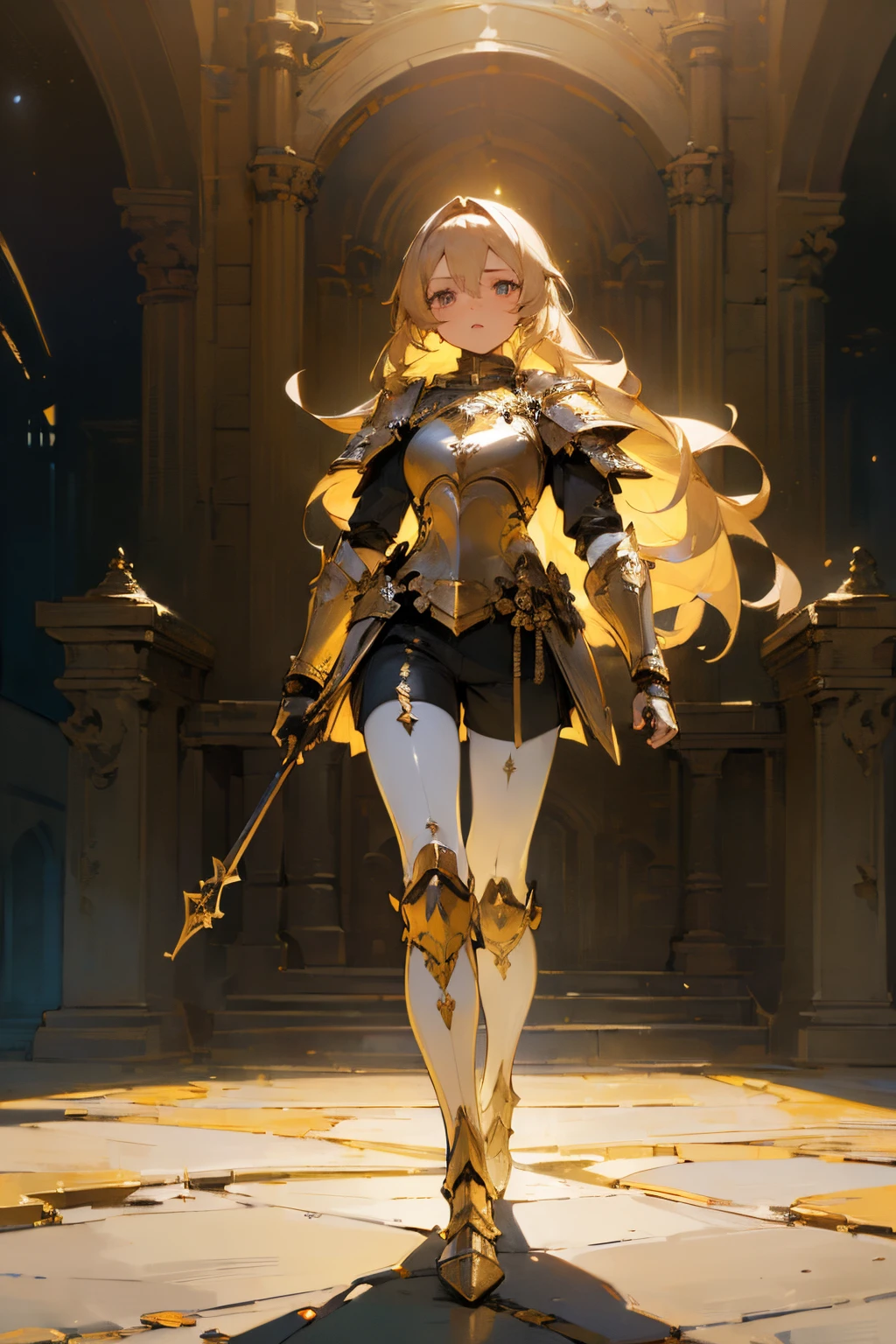 (((masterpiece))), (((best quality))), ((ultra-detailed)), (cinematic lighting), (illustration), (beautiful detailed eyes), (1girl), full body, space, knight, armour, light hair, walking, ruins, best quality, expressive eyes, perfect face, Girl: (blonde hair, long hair, black shorts, white pantyhose, white and gold armour),