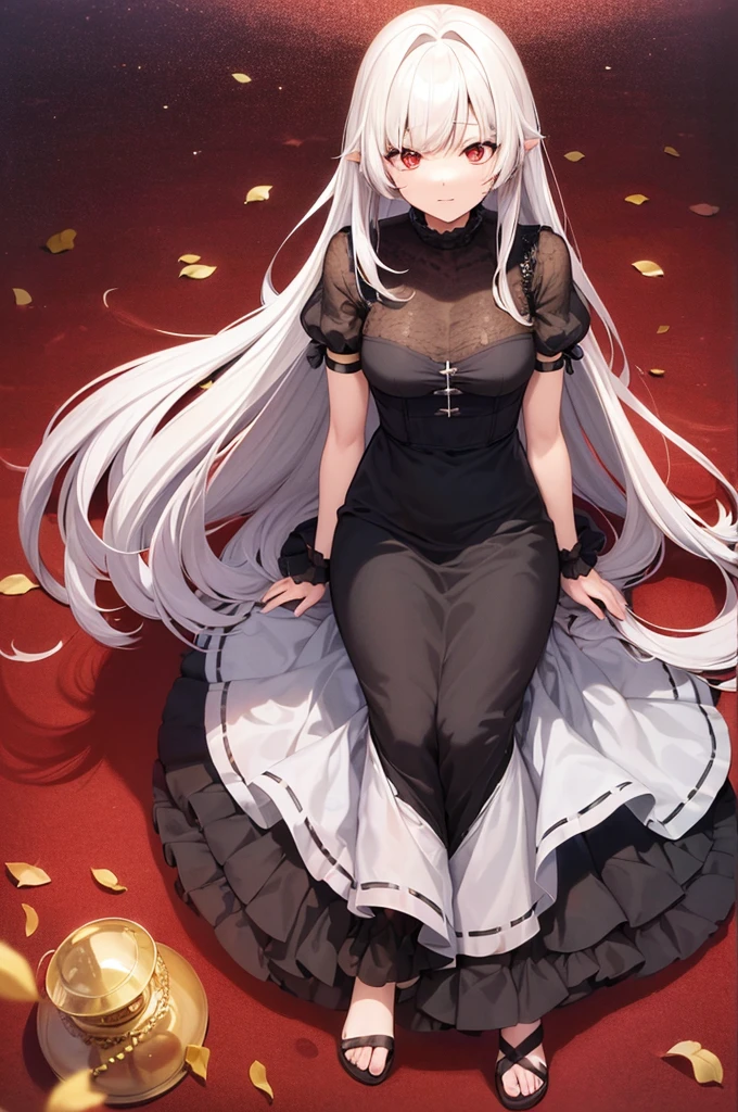 ((masutepiece))，(((Highest Quality)))，(Pay attention to the attractive expression)，One lady，Black long-haired，anime big ahoge，Maromei，Red Eye，sitting in a throne，cross one's legs，Deities，