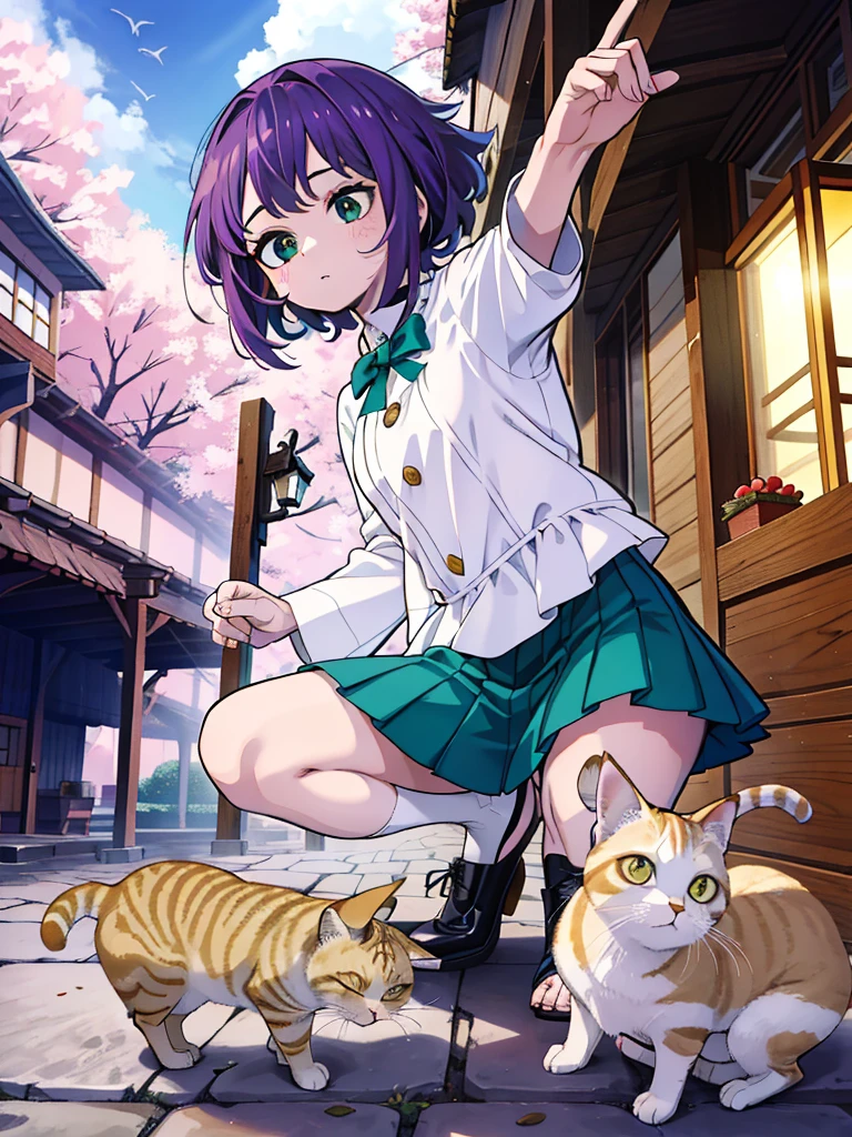 uma garotinha, short hair, cabelo roxo, Orelhas de gato roxo pequeno, Uma cauda de gato roxa, blusa branca, Blaiser Rough, saia verde escura, meias brancas longas, sapatos marrons, Estilo Amine