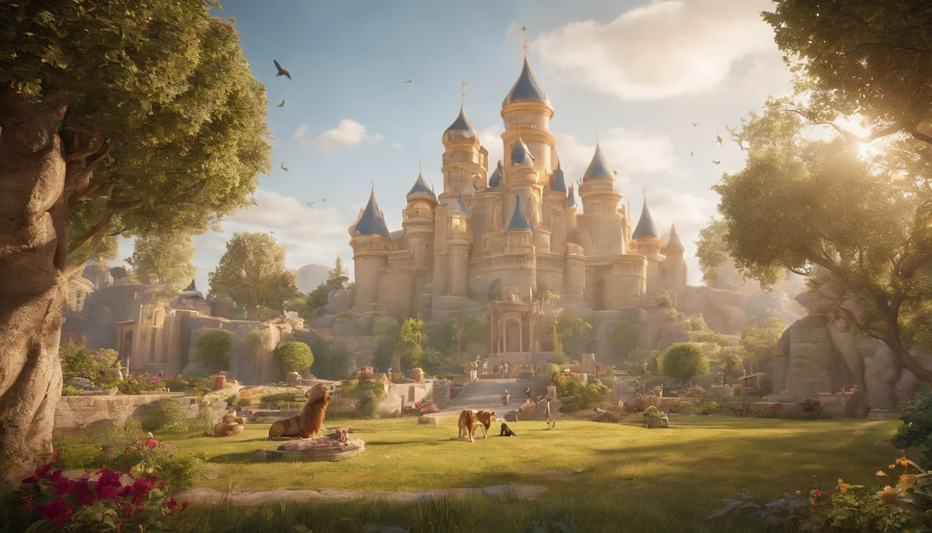 a pixa Disney cartoon of biblical time city in heaven made of gold, very beautiful with big tall houses, bible times, a very beautiful place in heaven, birds flying in the sky, beautiful tress, animals, lions, tigers playing animated film, 3 d animated movie, animated still, animated movie, (8k) (Cinematic lighting) , photo, 3d render, cinematic