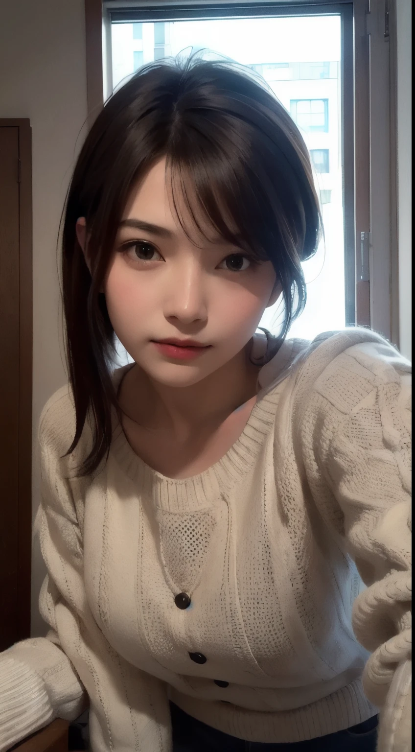 Photorealistic, masutepiece, Best Quality, Raw photo, selfee、1girl in, Solo, Long hair, Brown hair, Detailed face, alluring face, Sweater that kills virgins, medium breasts, Dynamic Pose, Looking at Viewer, From below, Detailed background, fine detailed, intricate detailes,  Ray tracing, depth of fields, lowkey, nffsw