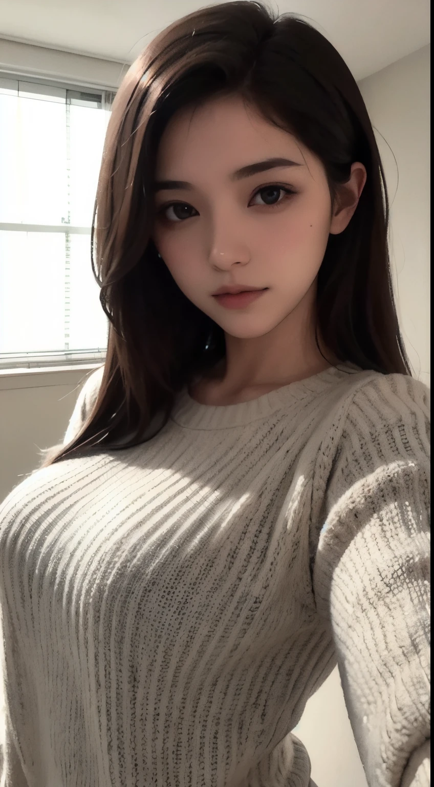 Photorealistic, masutepiece, Best Quality, Raw photo, selfee、1girl in, Solo, Long hair, Brown hair, Detailed face, alluring face, Sweater that kills virgins, medium breasts, Dynamic Pose, Looking at Viewer, From below, Detailed background, fine detailed, intricate detailes,  Ray tracing, depth of fields, lowkey, nffsw