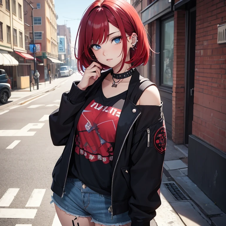 Young female, chubby body, Red hair in a shoulder length bob, blue eyes, beautiful, piercings, street punk style clothes