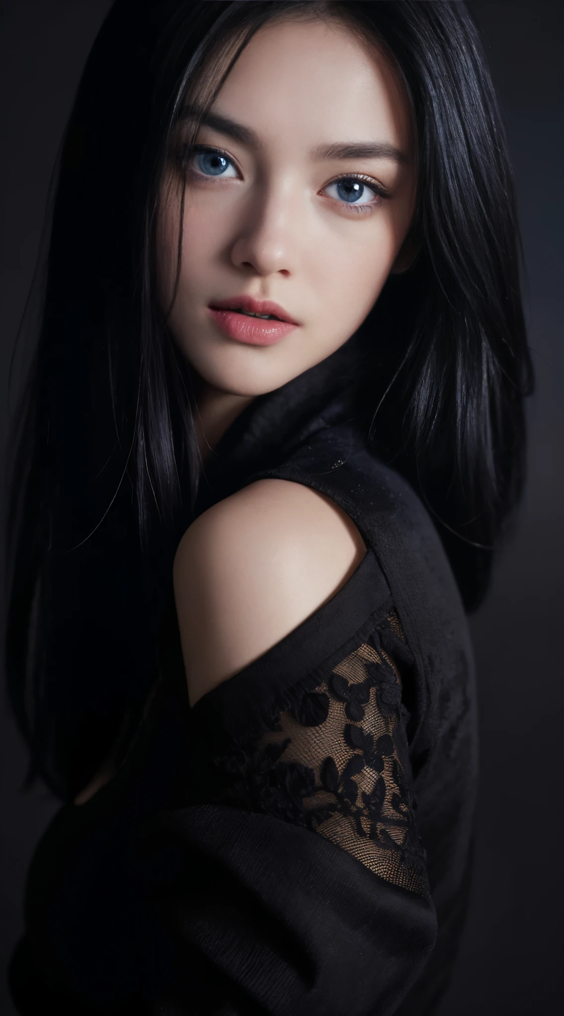 Top Quality, Intricate Details, Ultra Detail, Ultra High Resolution, Masterpiece, close up shot, Slender, (Makeup: 0.4), (Fluffy Blue Eyes: 1.21), blue Eyes, close up shot, ,fit body, sharp face, sharp eyes,black hair, long hair, random hairstyle , detailed face, sharp face,
sexy black denim, detailed face, detailed breast, , large breast, detail ass,, Perfect Body, (( dark background)), black background,