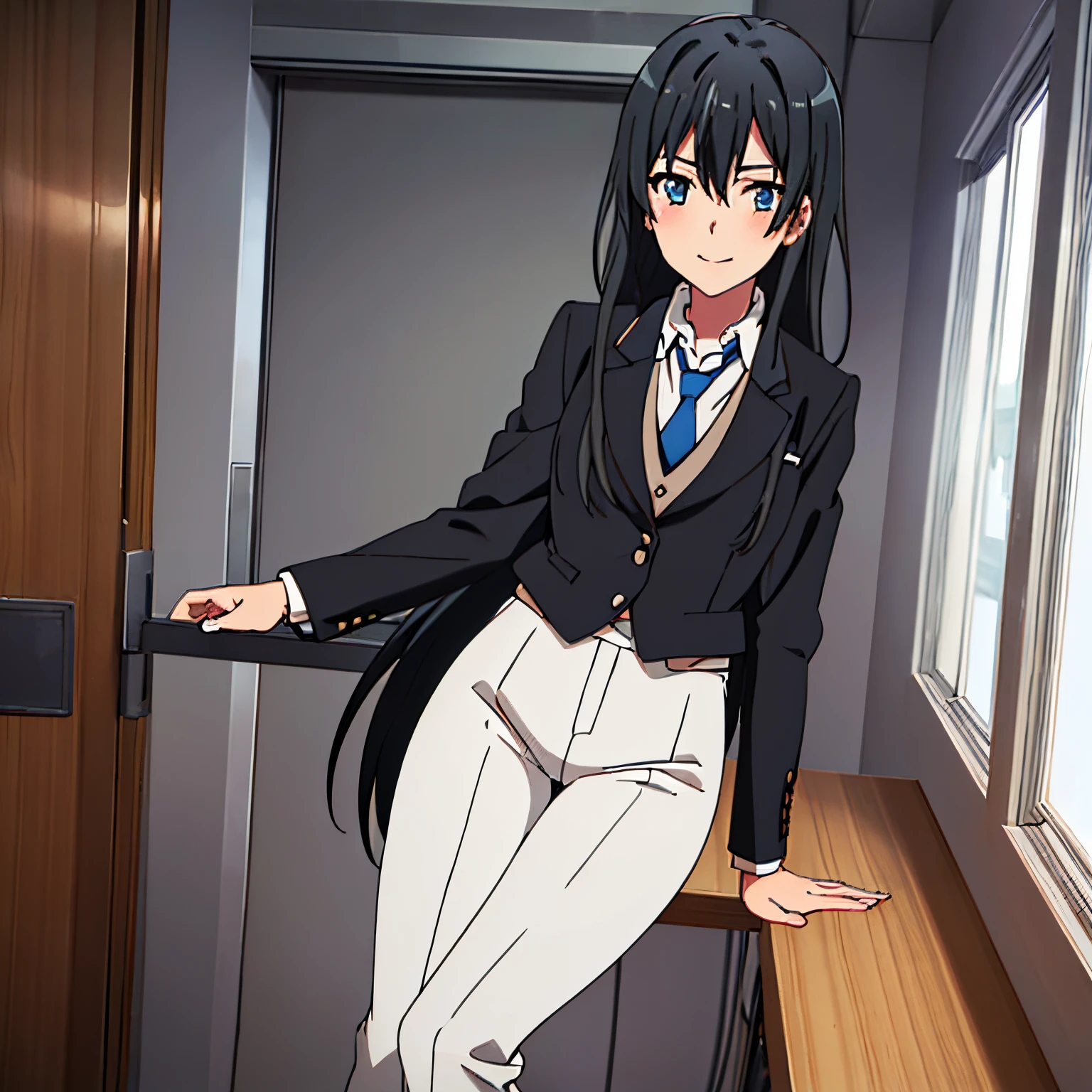 1GIRL , Yukinoshita yukino , Yukinoshita yukino,woman in formal attireactive suit tuxedo tailcoat standing in a large alcove in the room, 1girl, solo, necktie, black hair, blue eyes, long hair, smile, jacket, looking at viewer, shirt, pants, blue necktie, collared shirt, white pants, white shirt, indoors, bangs, long sleeves, closed mouth, window, black jacket, blush, cowboy shot, formal, suit, full body